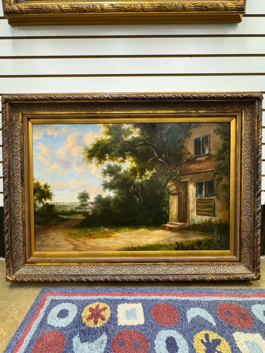 B. DURAND Country Scene w/ Cottage Painting in Ornate Frame