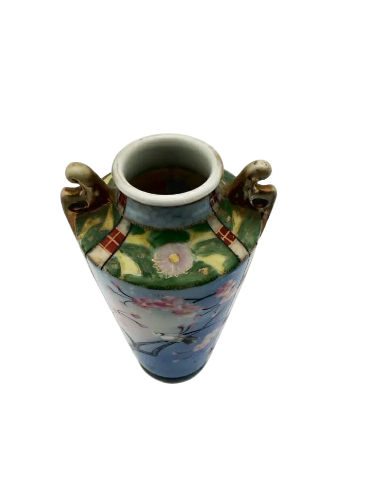 NIPPON Blue, Pink & Green Porcelain Bird Vase w/ Handles