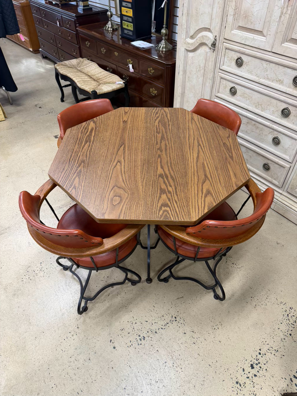 Wood & Wrought Iron Mid Century Card Table & 4 Chairs