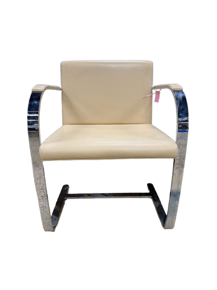 Knoll Style Cream Leather Like Chair w/ Chrome Legs