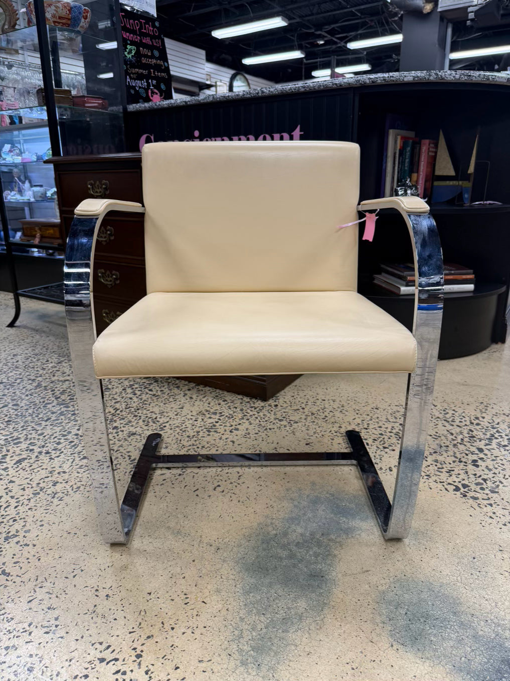 Knoll Style Cream Leather Like Chair w/ Chrome Legs