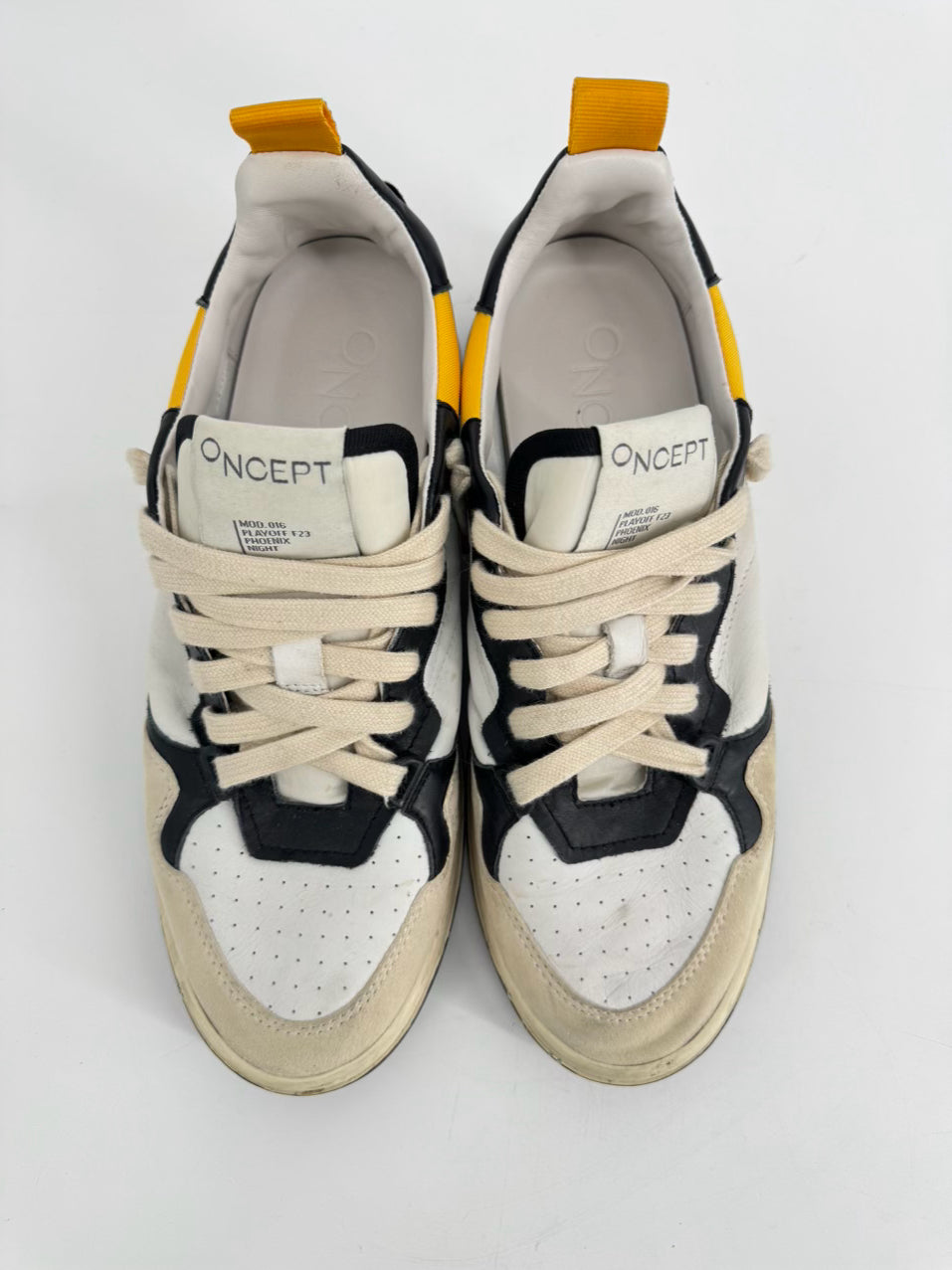 ONCEPT Size 10 White, Black & Yellow Leather Sneakers