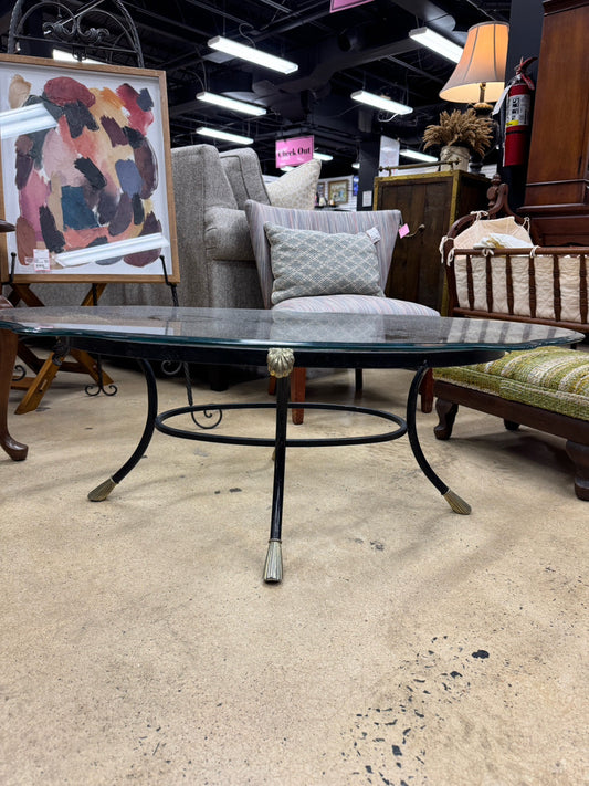 Black & Gold Glass & Iron Acanthus Leaf Glasstop Coffee Table