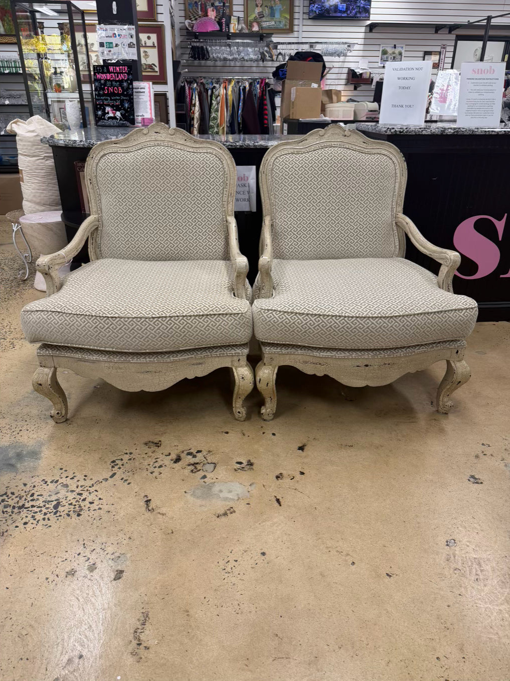 Cream Crackle Louis XV Oversized Pair Of Chairs w/ Taupe & White Fabric