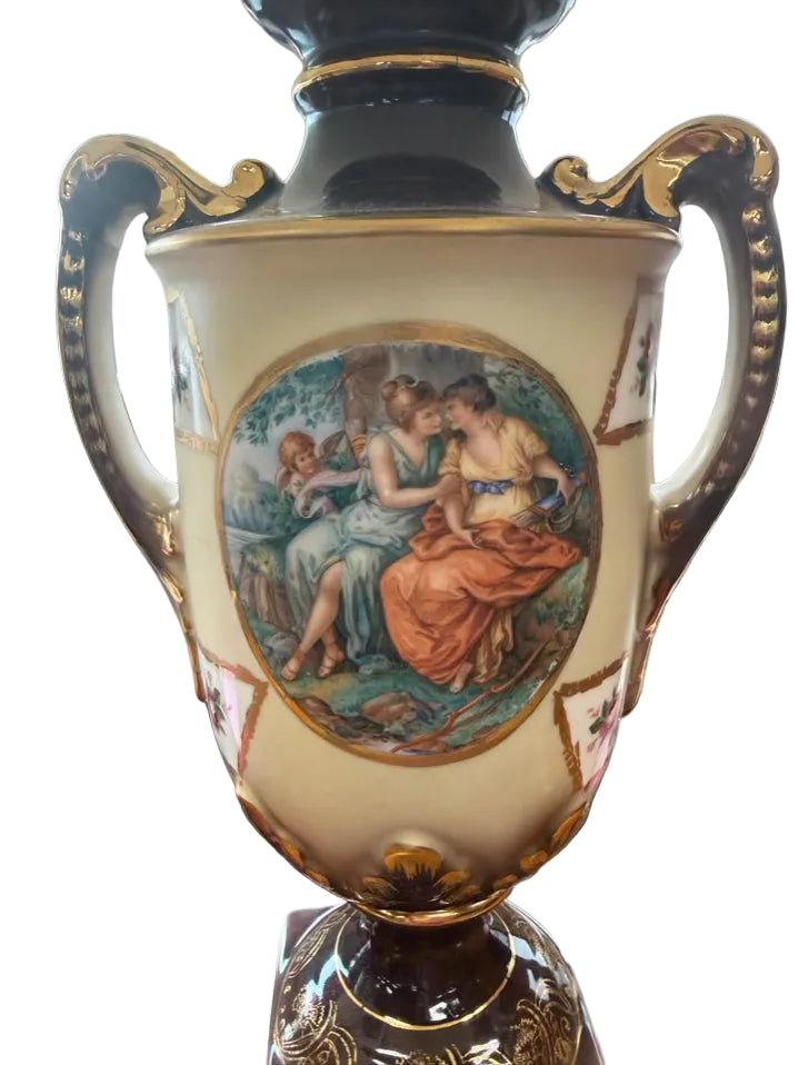 Cream & Gold Hand Painted Porcelain Urn Pair Of Lamps w/ Shades