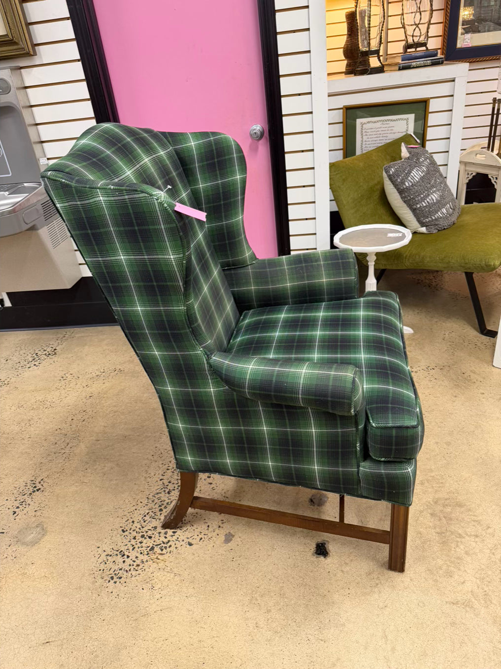 Green & White Plaid Tartan Pair Of Wing Back Chairs