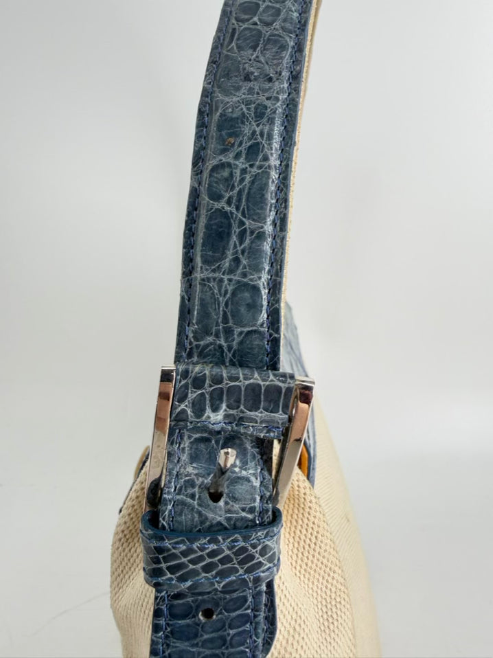 VINTAGE MARIO HERNANDEZ Canvas & Crocodile Embossed Leather Butterfly Shoulder Bag