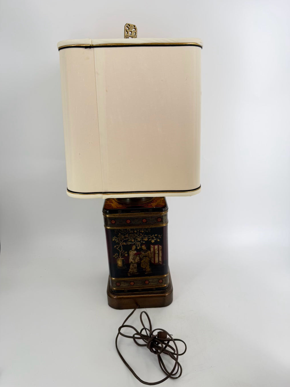 Black, Red & Gold Tin Oriental Pair of Tea Caddy Lamps w/  Square White Shades