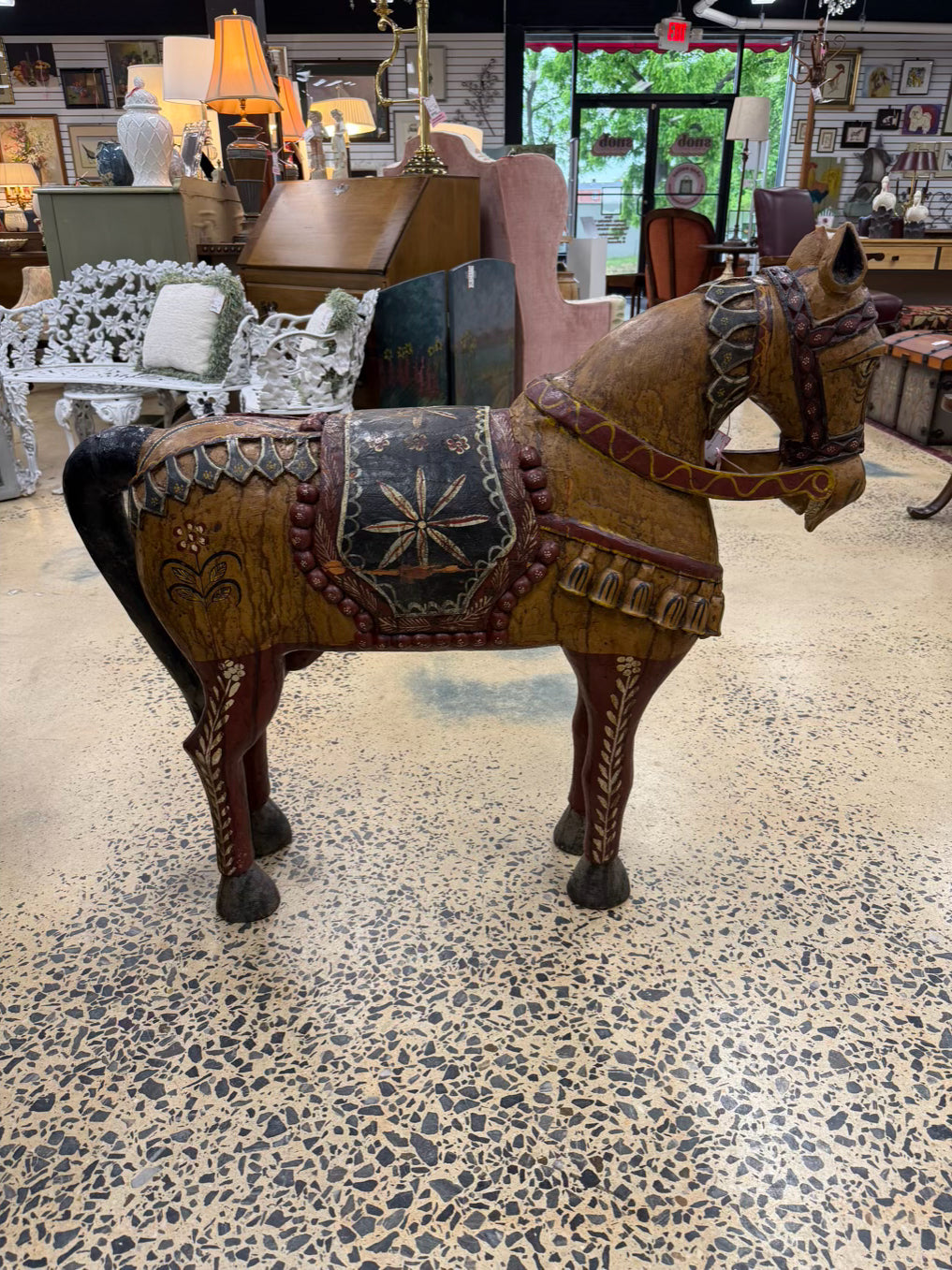 Gold, Red & Black Painted Wood Carved  Horse Figure