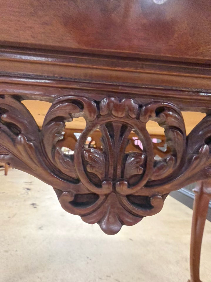 ANTIQUE Queen Ann Wood Carved Coffee Table w/ Removable Glass Serving Tray