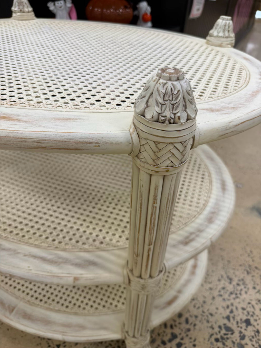 White Wood Occasional 3 Tier Table w/ Cane Shelves