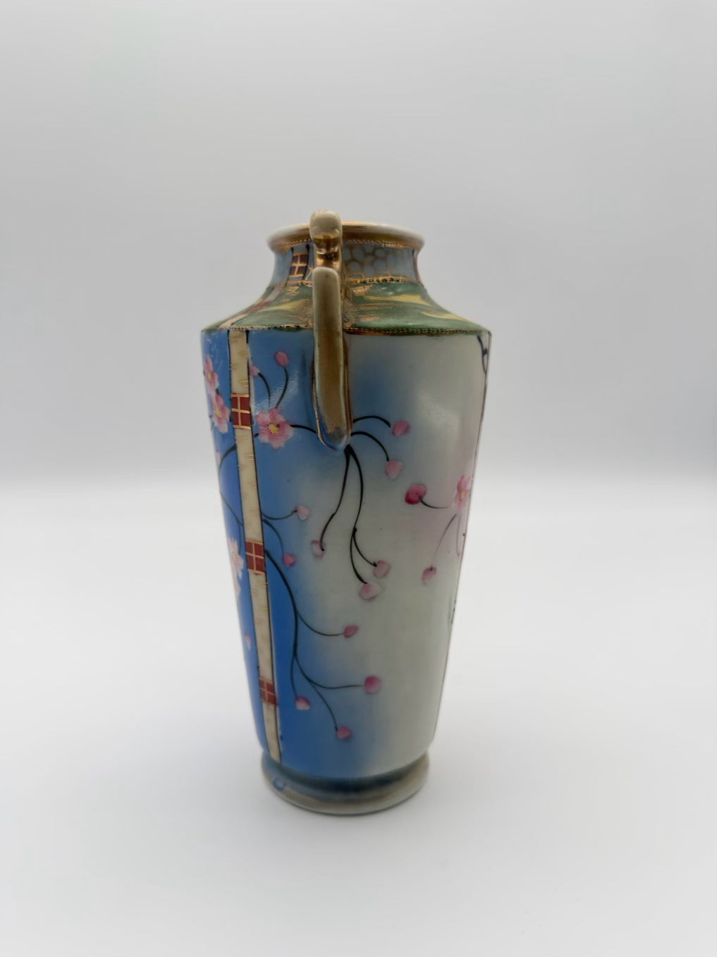 NIPPON Blue, Pink & Green Porcelain Bird Vase w/ Handles