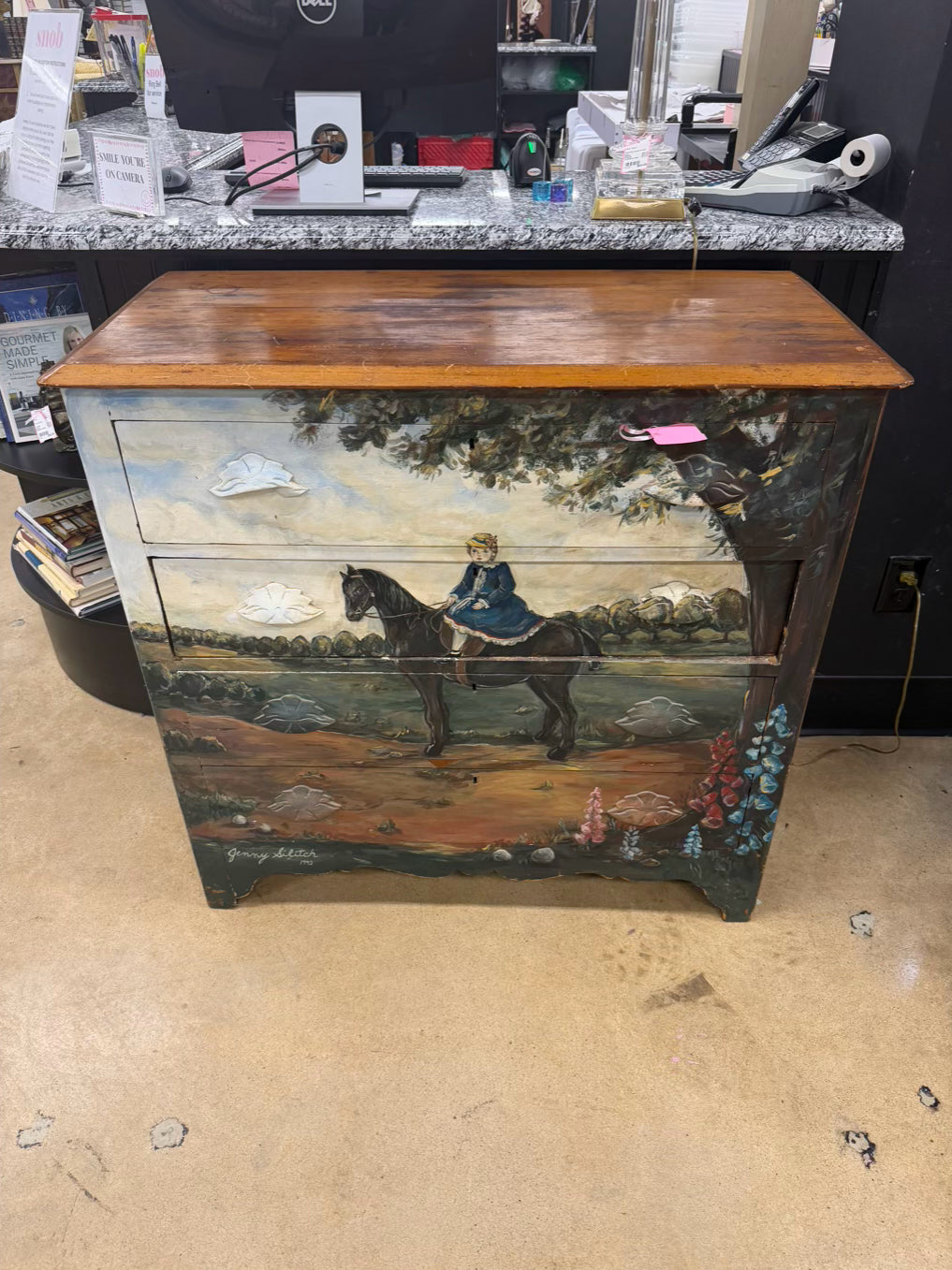 VINTAGE Painted Wood Girl On Horse 3 Drawer Chest