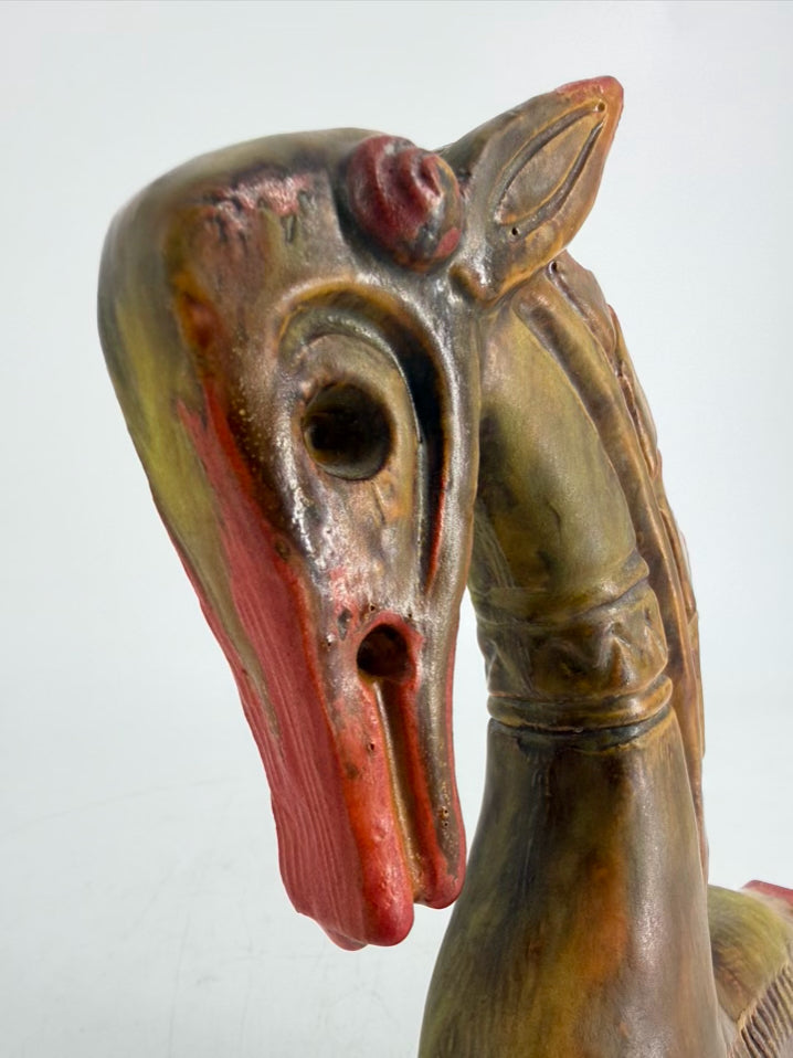 VINTAGE Green & Orange Pottery Sea Horse Sculpture