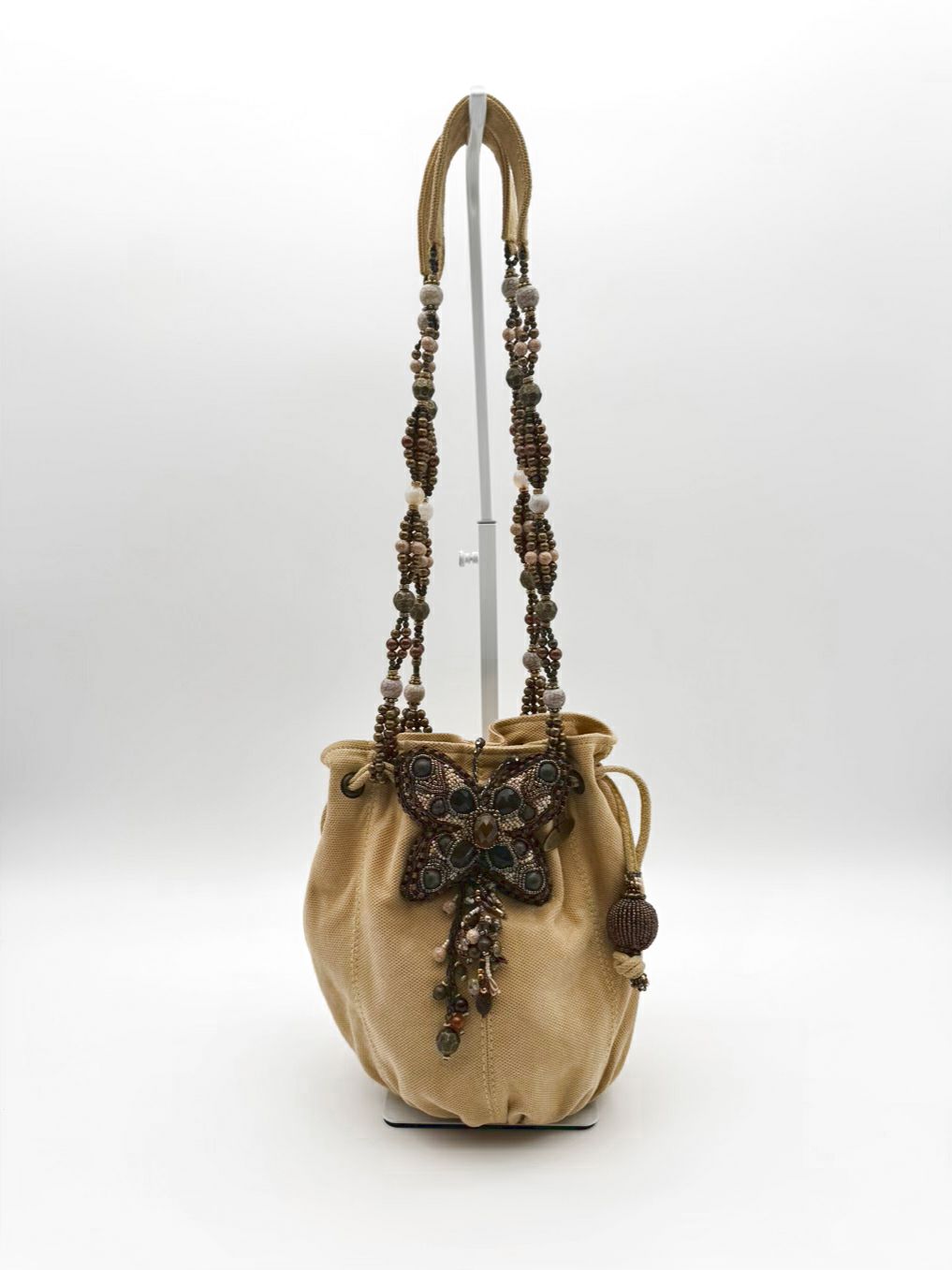 MARY FRANCES Flustered Beige Beaded Butterfly Drawstring Bucket Bag