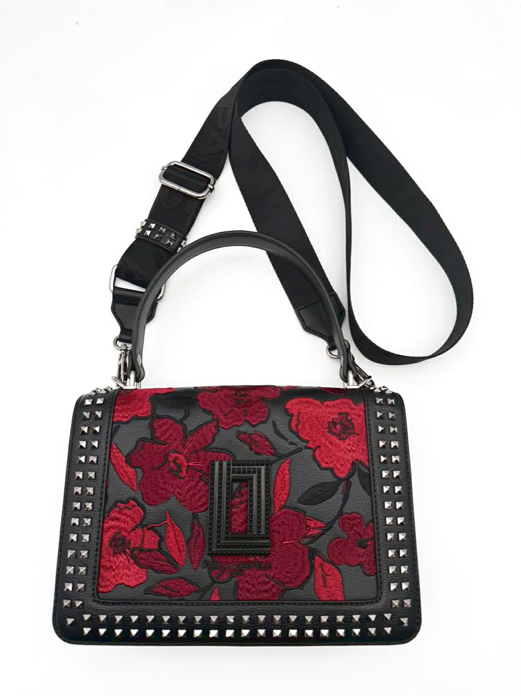 KARL LAGERFELD Simone Black & Red Leather Floral Flap Crossbody Purse