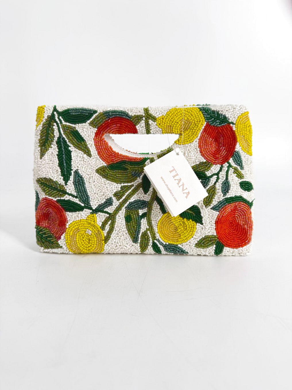 TIANA Citrus Beaded Green, White & Orange Fruit Clutch Bag NWT