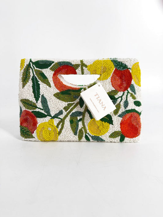 TIANA Citrus Beaded Green, White & Orange Fruit Clutch Bag NWT