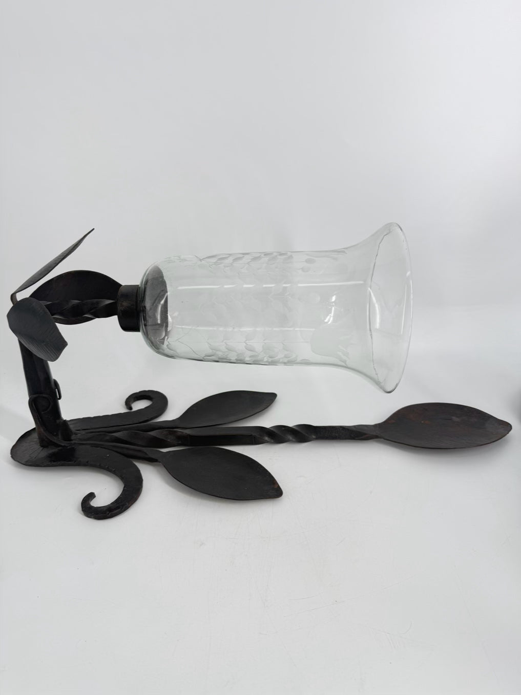 Black Glass & Wrought Iron Leaf Pair Of Candle Sconces