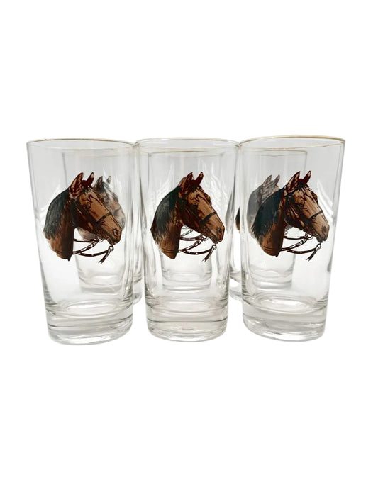 Mid-Century Horse Head Clear Glass Set Of 6 Glasses