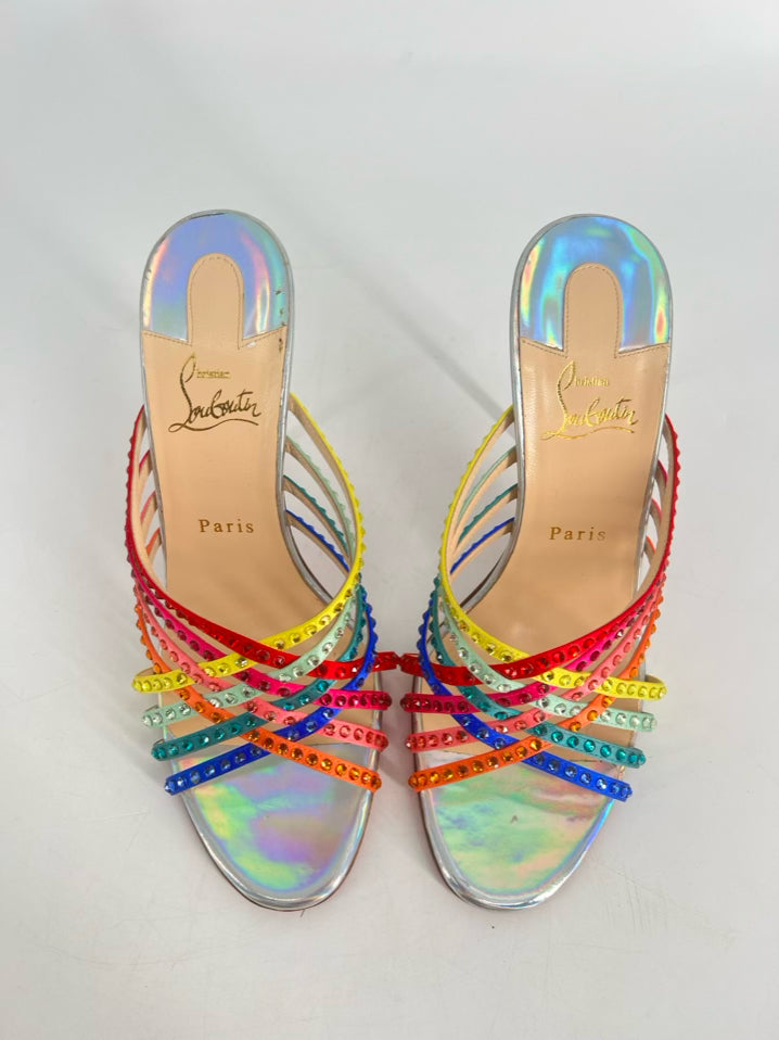 CHRISTIAN LOUBOUTIN Size 40 Multi Color Leather Marthastrass 100 Crystal Slide Pumps