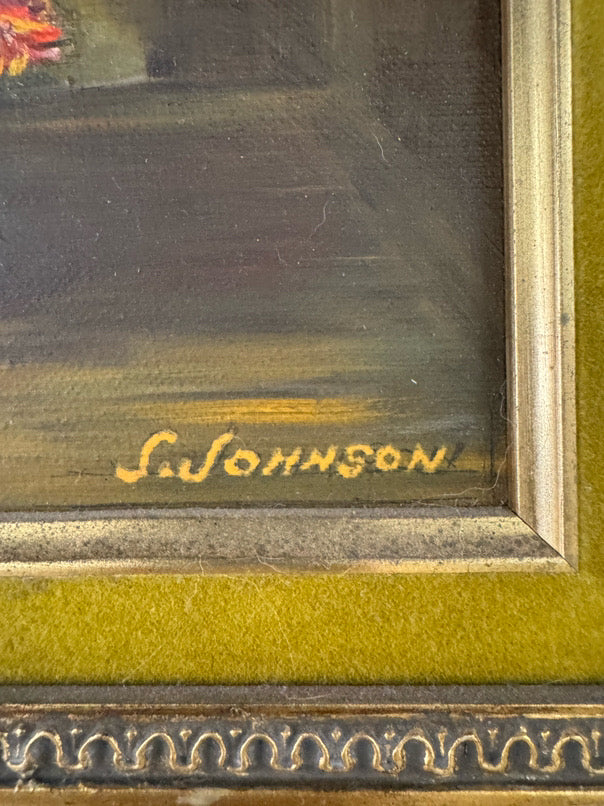 S. JOHNSON Orange & Purple Flowers in Vase Painting in Gold Frame