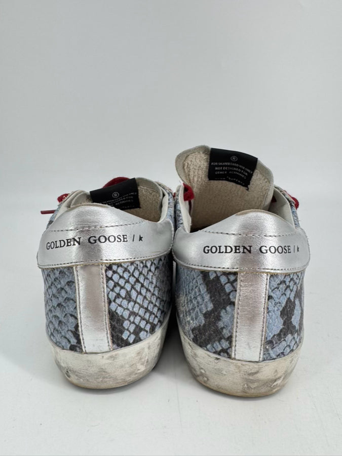 GOLDEN GOOSE Size 38 Blue, Gray & Red Leather Animal Print Sneakers