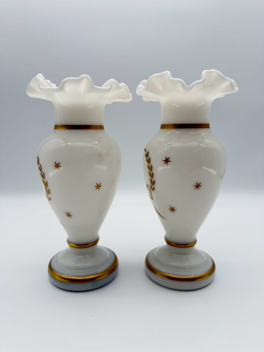 VINTAGE White Opaline Pair Of Vases w/ Ruffled Top & Gold Trim