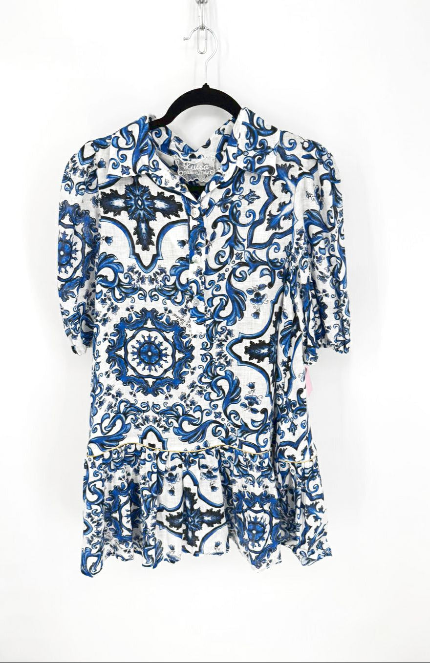 LUISA POSITANO Size M Blue & White Linen Dress w/ Belt