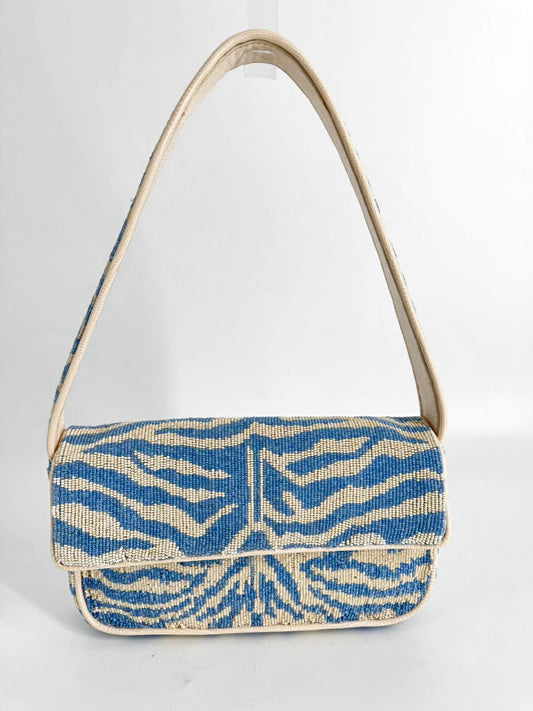 STAUD Blue & White Beaded Animal Print Tommy Purse
