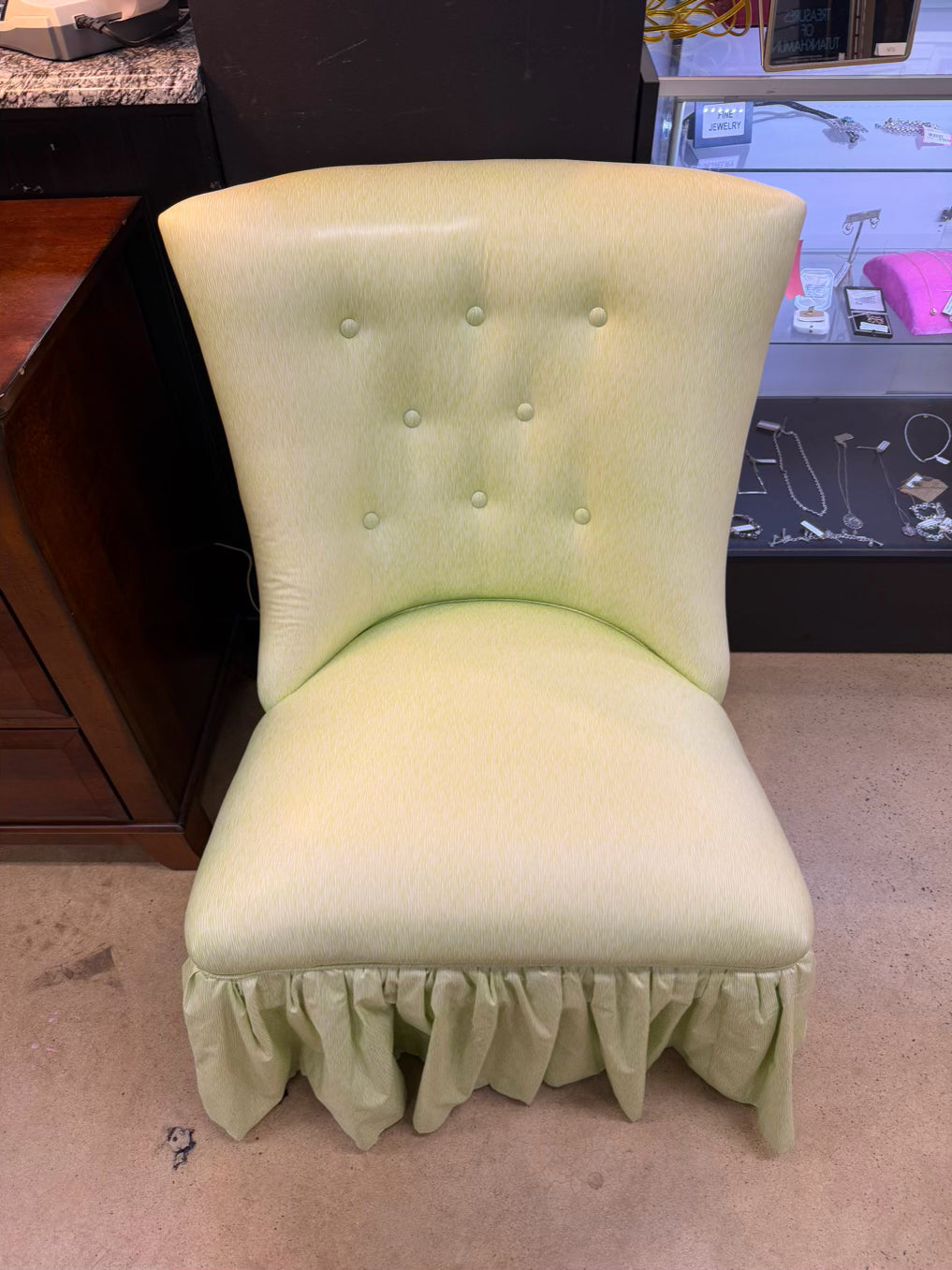 VINTAGE Green & White Stripe Chair w/ Ruffled Skirt