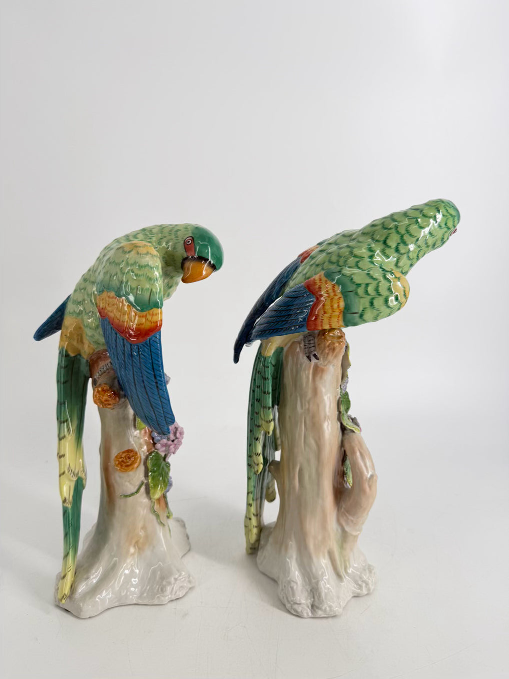 JEANNE REED Green , Pink & Blue Porcelain Pair Of Parrot Figurines
