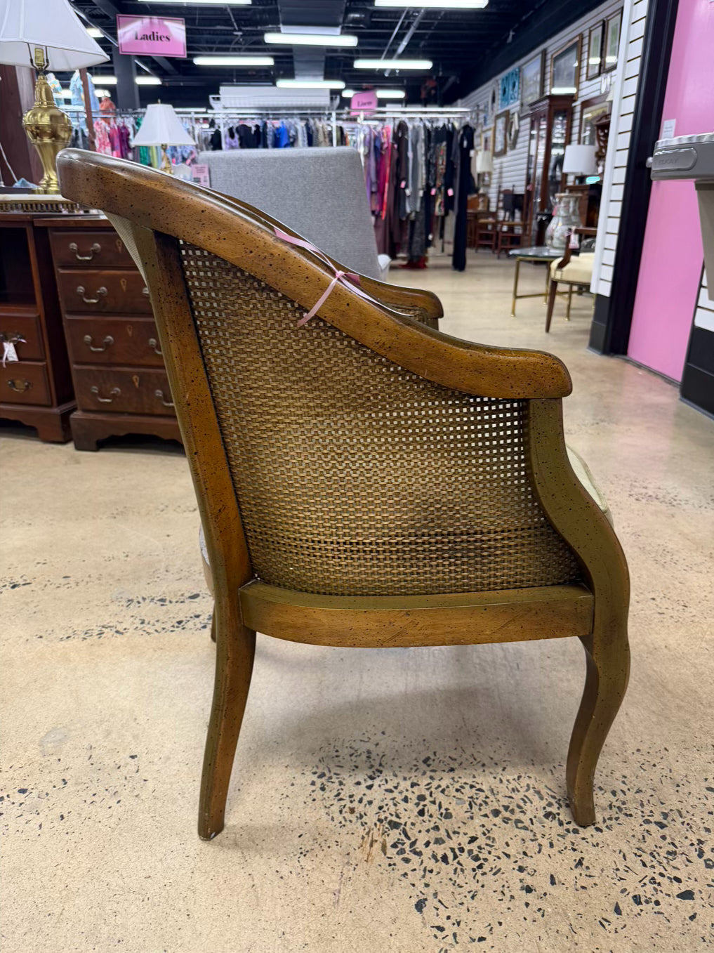 VINTAGE Brown Cane Chair w/ Green Upholstery