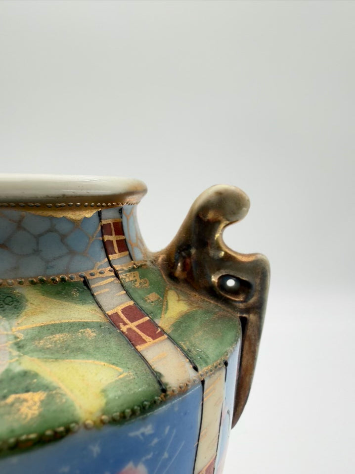 NIPPON Blue, Pink & Green Porcelain Bird Vase w/ Handles