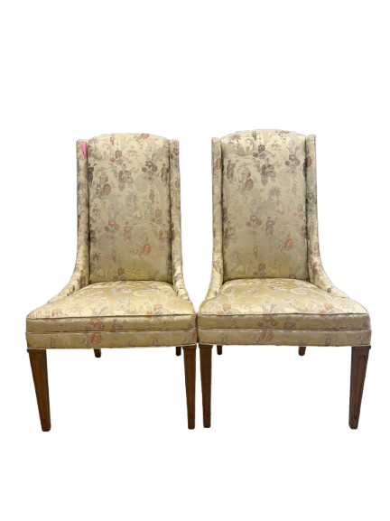 High back Armless Pair Of Chairs w/ Asian Jacquard Fabric
