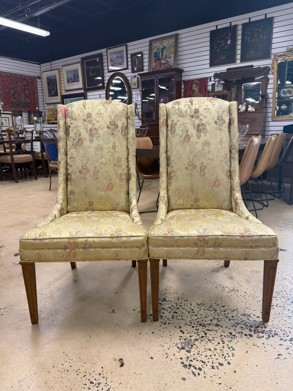 High back Armless Pair Of Chairs w/ Asian Jacquard Fabric
