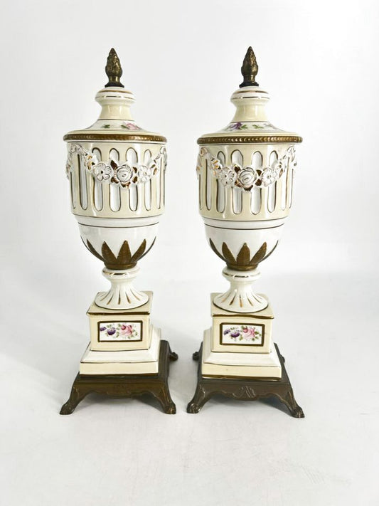 VINTAGE Cream & Yellow Porcelain Pair of Footed Urns
