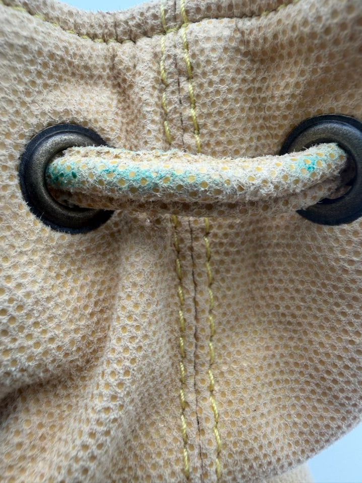 MARY FRANCES Flustered Beige Beaded Butterfly Drawstring Bucket Bag