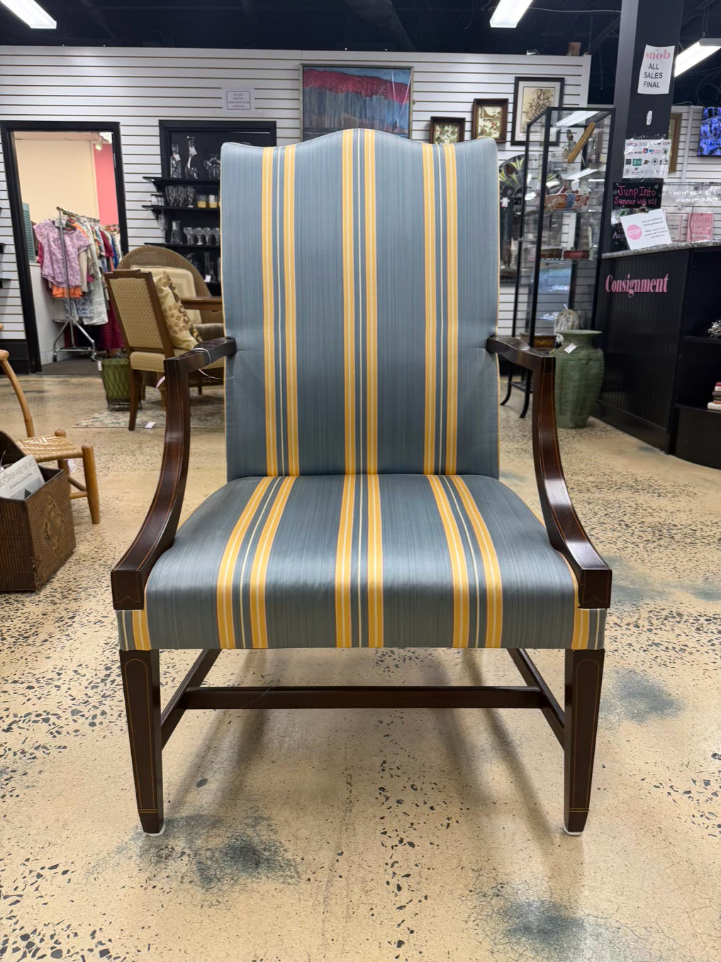 KINDEL MARTHA WASHINGTON Wood Chair w/ Blue & Yellow Stripe Fabric