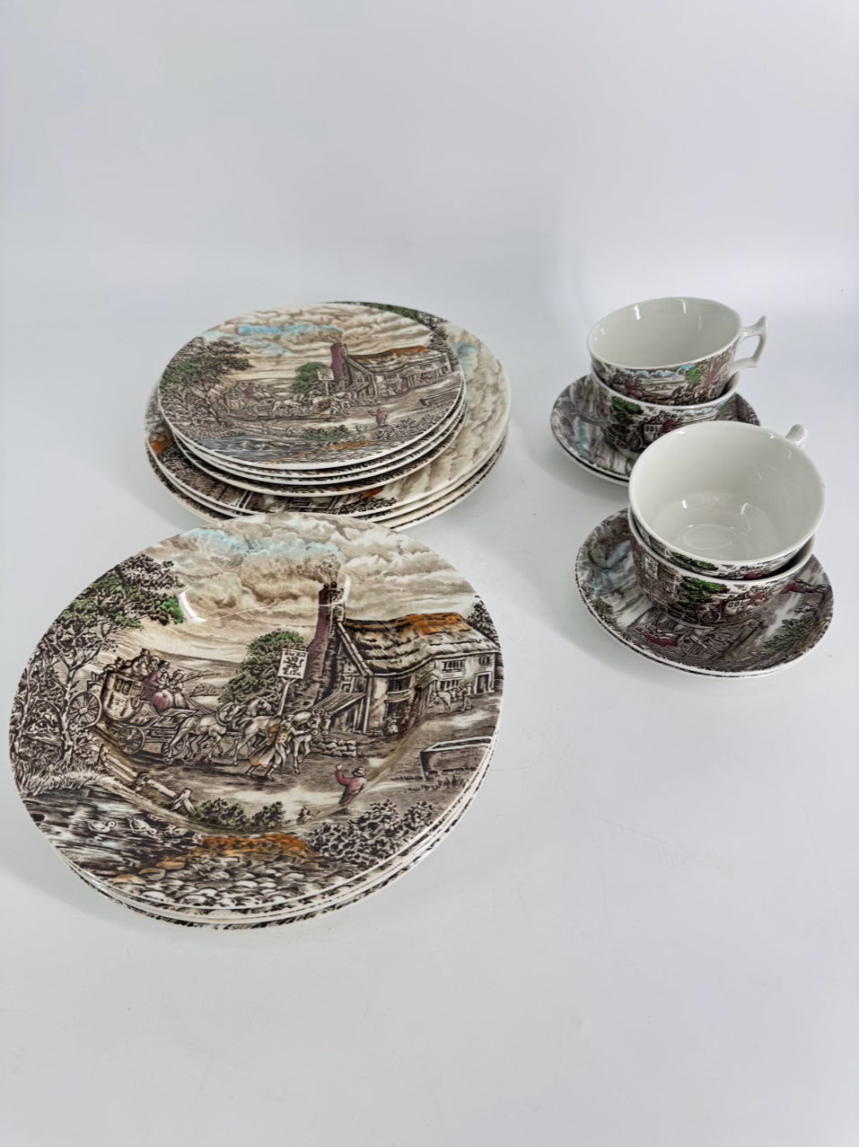 WOOD & SON Brown & White Ironstone "The Posthouse" Dinner Set for 4