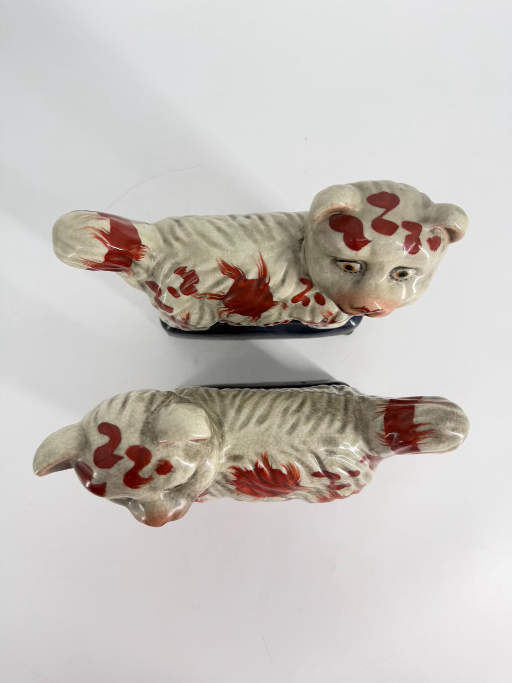 Rust, Cream & Navy Staffordshire Style Porcelain Pair of Cat Figurines
