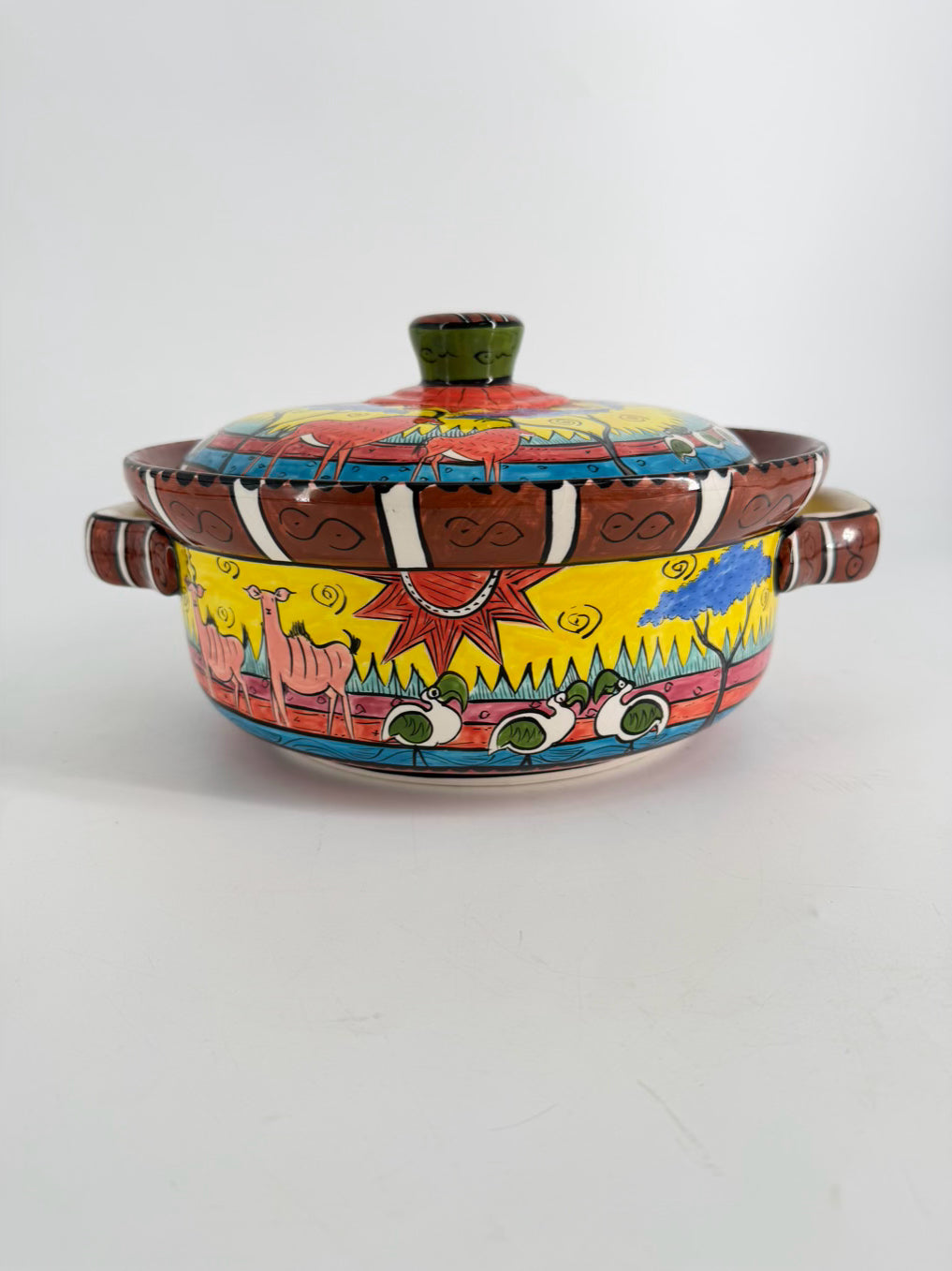 ZIMBABWE Multi Colored Hand Painted Jungle Animals Ceramic Casserole Dish