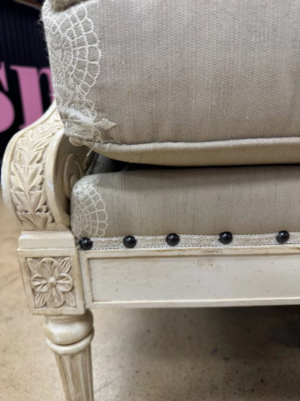 ETHAN ALLEN Cream & Taupe Wood Upholstered French Chair