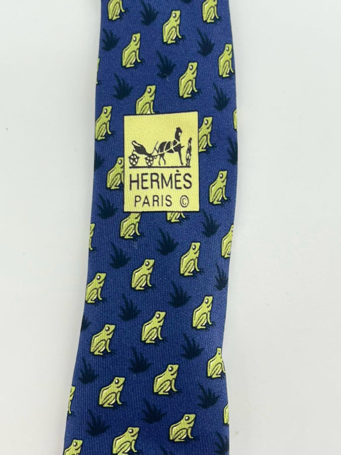 HERMES Blue & Green Frog Motif Silk Tie