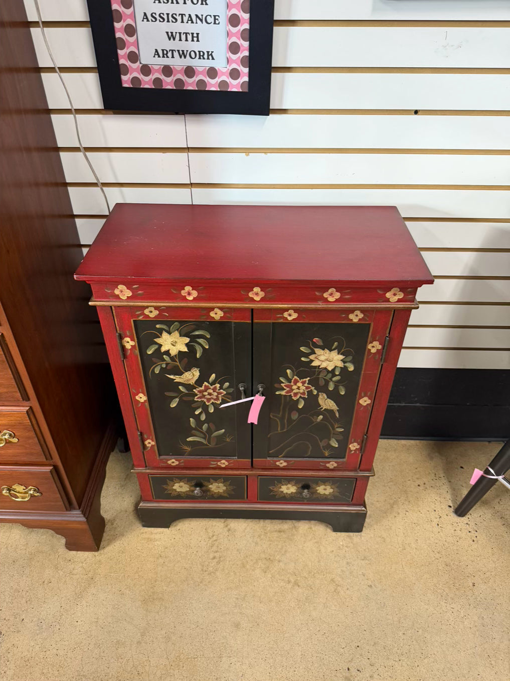 Black & Red Asian Inspired Painted Cabinet w/ 2 Drawers