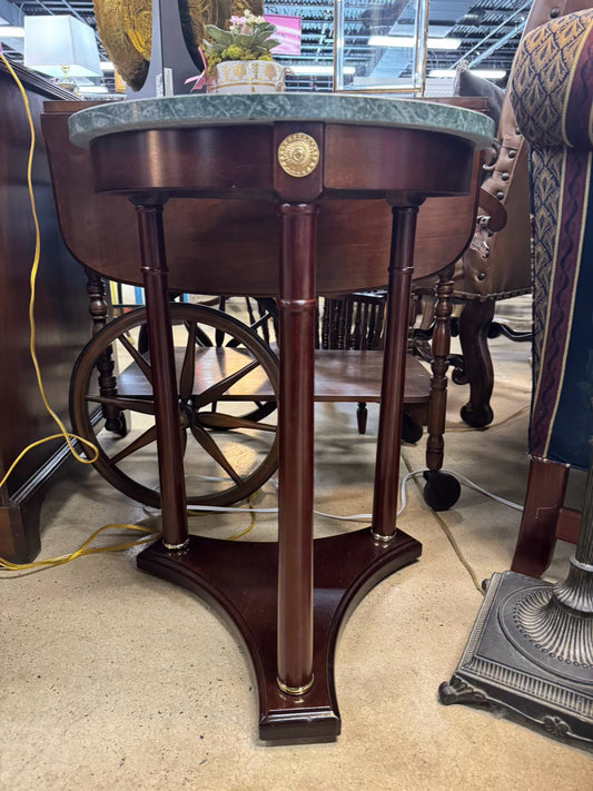 Green Marble & Wood Round Empire Side Table