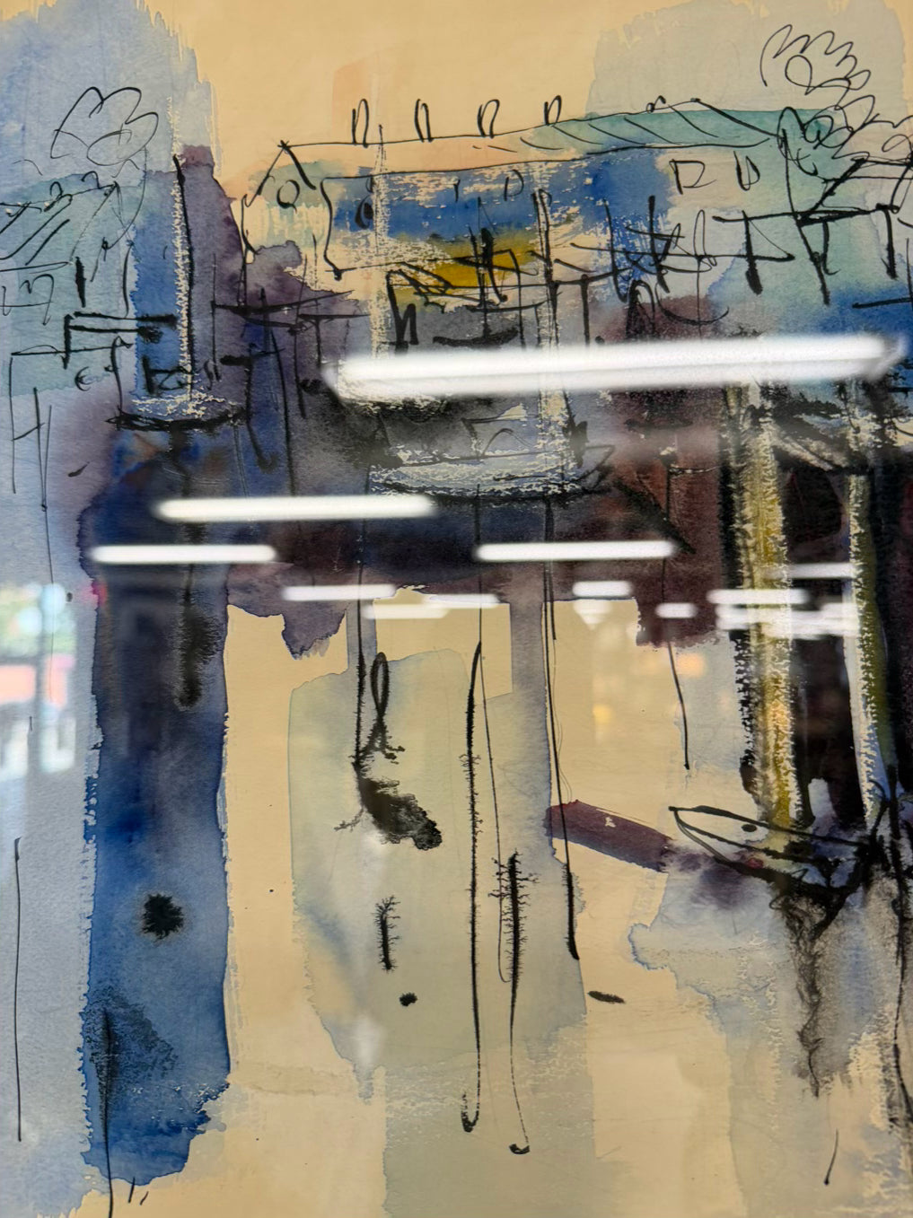 BERKMAN Abstract Waterfront Scene Watercolor In Black Frame
