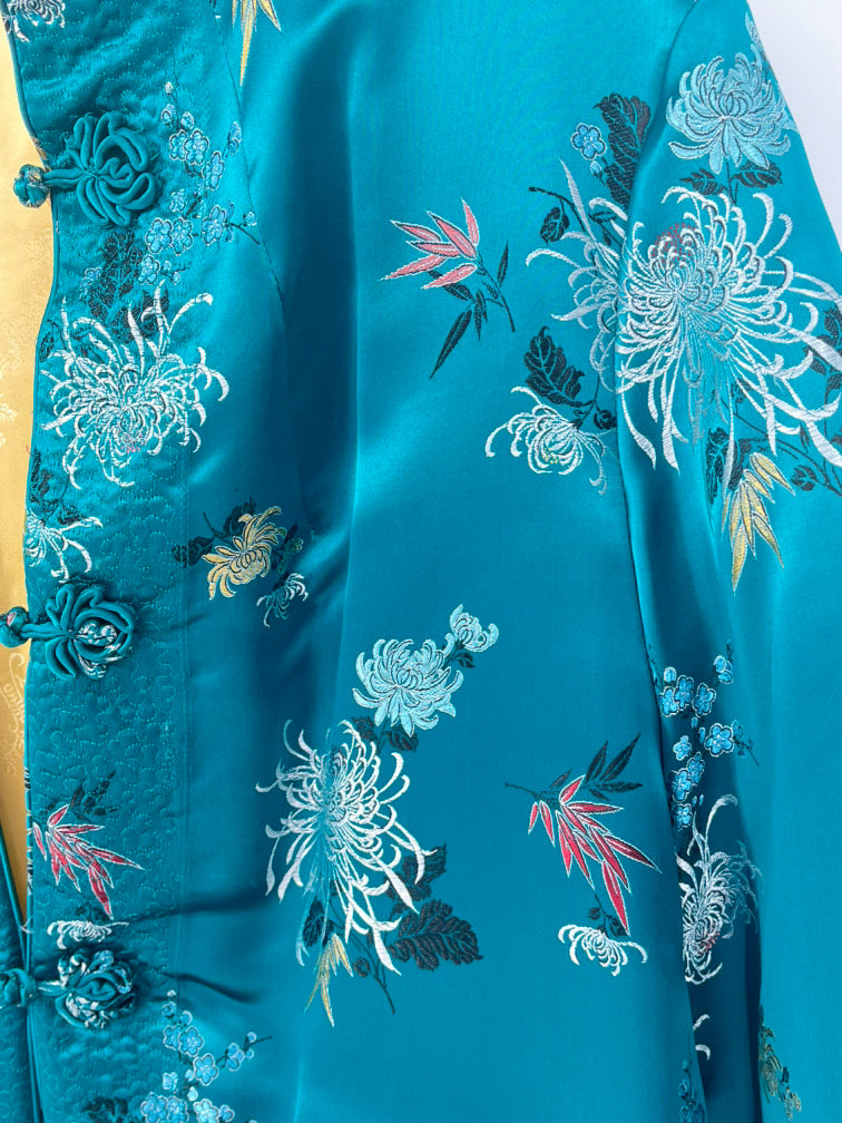 VINTAGE SOLZ SQUIRREL Size L Teal & Gold Floral Reversible Jacket