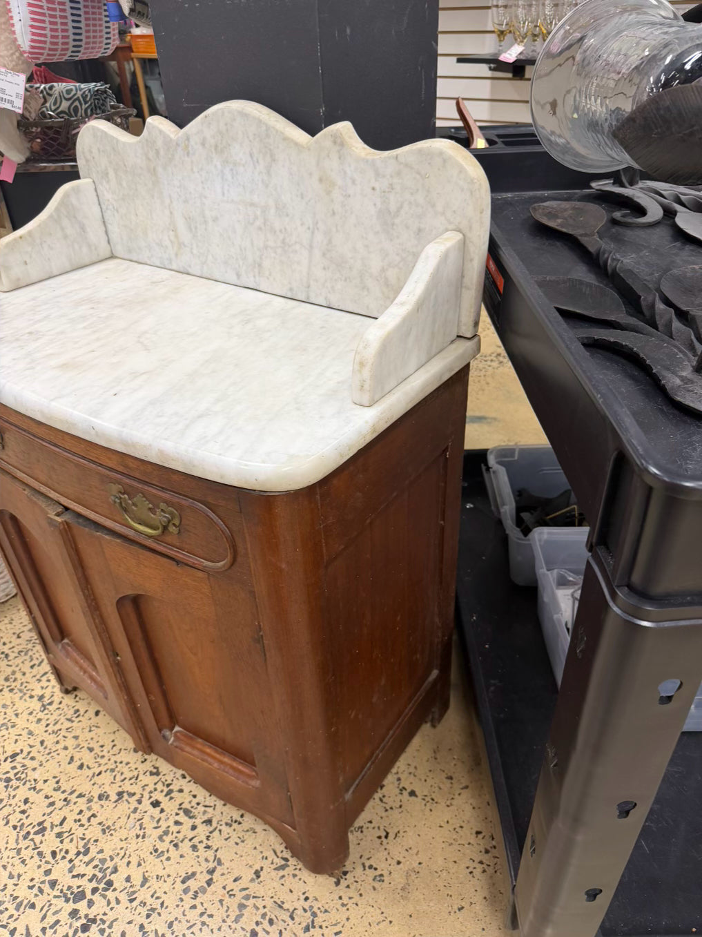ANTIQUE Dark Brown Wood Wash Stand w/ Marble Top
