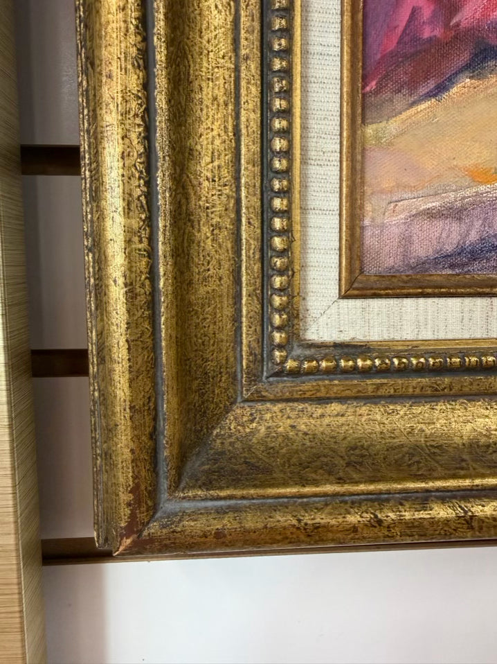 N J Anderson Still Life Stripe Scarf Painting In Brushed Gold Frame